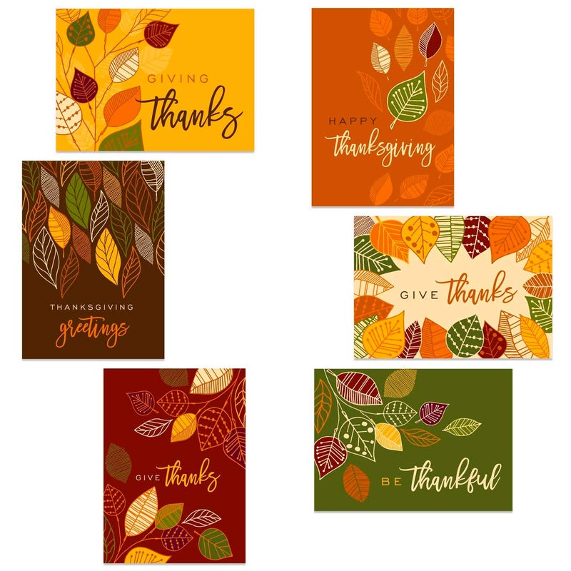 Canopy Street Modern Thanksgiving Cards / 24 Grateful Greeting Cards With Envelopes / 4 5/8" x 6 1/4" Fall Cards / 6 Festive Holiday Autumn Leaves Designs - Image 1